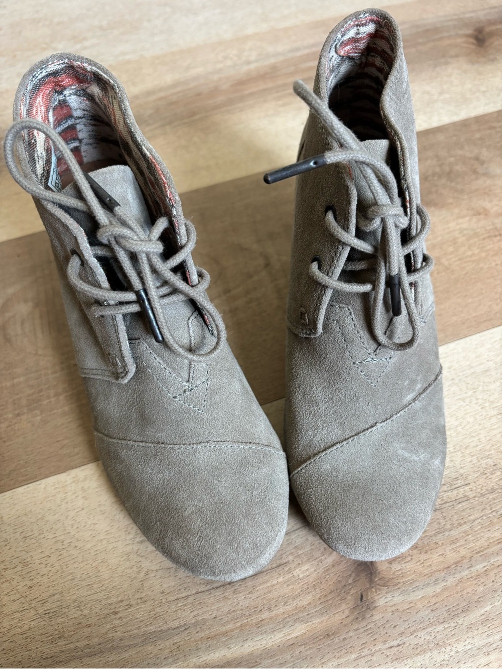 TOMS Taupe Suede Lace-Up Wedge Ankle Boots